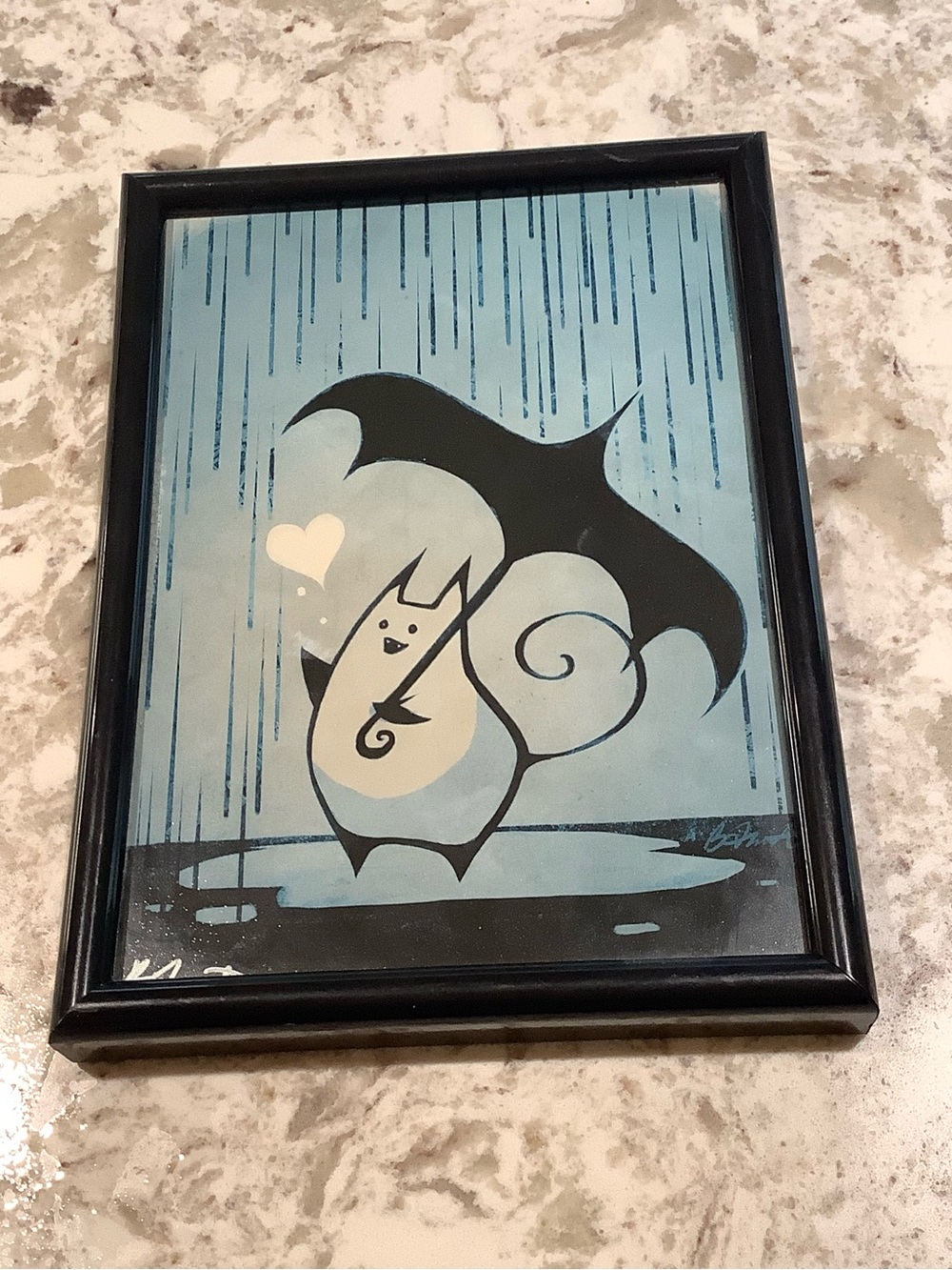 Little Gremlin Creature with Umbrella in Rain Print Framed